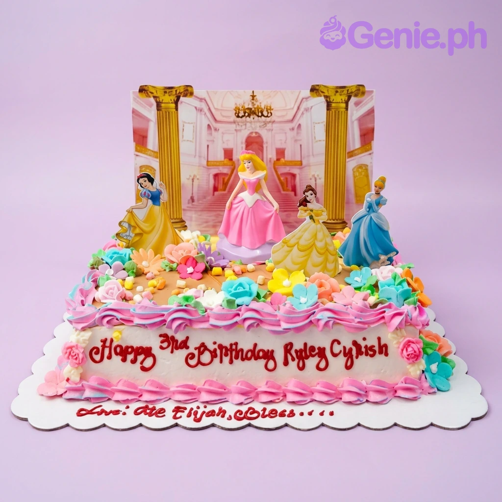 A white rectangle Disney Princess cake, featuring Snow White, Aurora, Belle, and Cinderella toppers, pink icing borders, and colorful icing flowers.