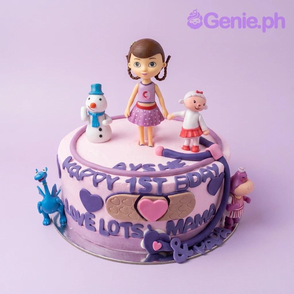 Doc McStuffins White Birthday Cake A white and light purple 1 Tier cake themed around Doc McStuffins, featuring 3D fondant figures of Doc, Lambie, and Chilly, with icing messages and purple accents.