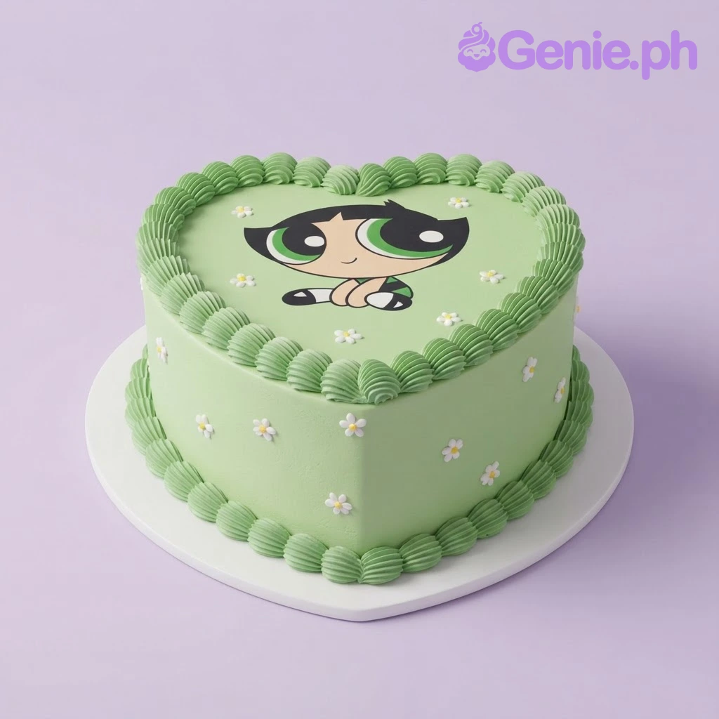 Buttercup Mint Cake Light green 1 tier cake with soft icing, Buttercup from The Powerpuff Girls, and piped green shell borders