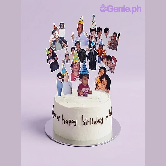 Photo Birthday White Memory Cake White 1-tier Memory cake with smooth soft icing, black piped birthday message, and numerous photo cutouts of people wearing party hats