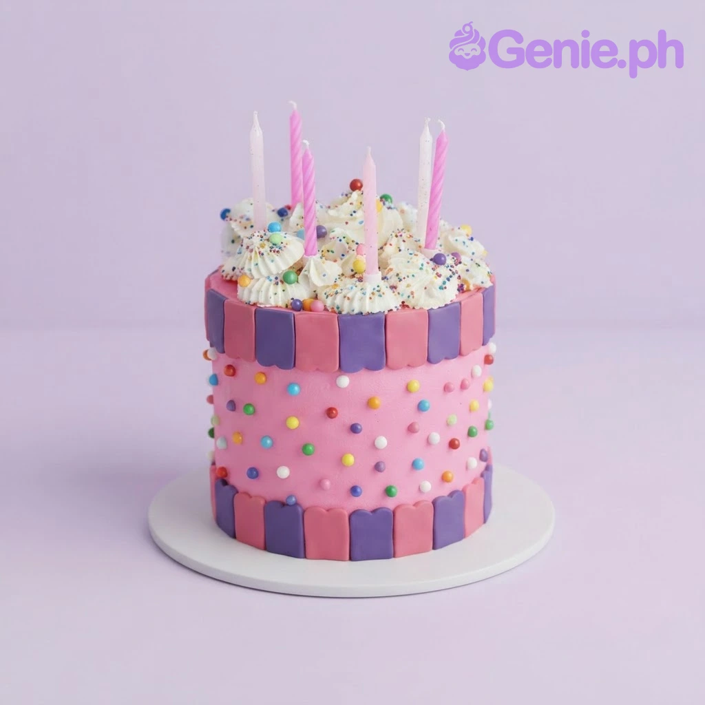 Circus Animal Light Pink Birthday Cake Hot pink 1-tier fondant circus animal cake with piped white rosettes, colorful sprinkles, and tall pink candles