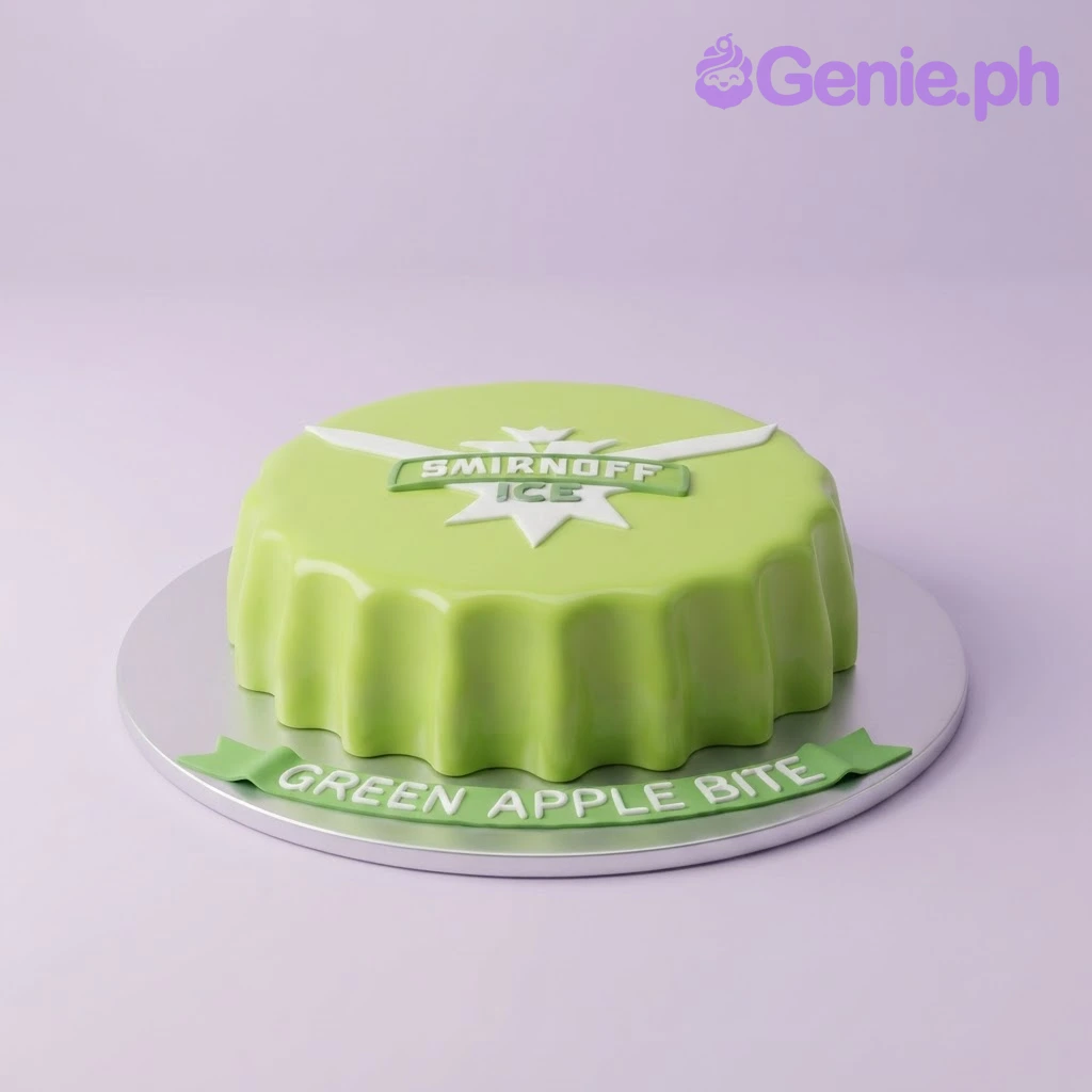 Smirnoff Mint Cake Light green bottle cap shaped fondant cake with a Smirnoff Ice logo, two miniature bottle props, and a base board message