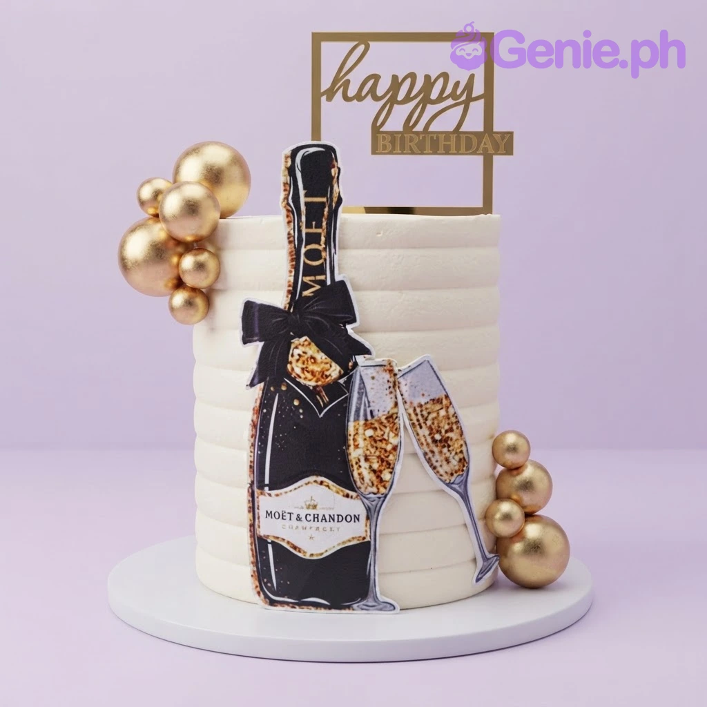 Champagne Celebration White Cake White 1-tier cake with smooth soft icing, a champagne celebration theme, a gold age topper, and gold sphere clusters