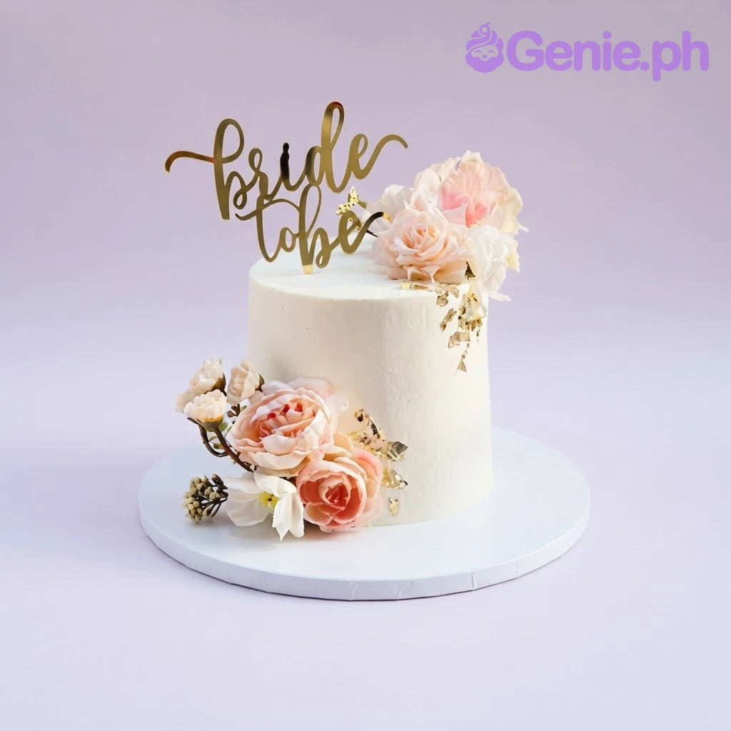 Bride To Be White Floral Cake White 1-tier cake with soft icing finish, Bride To Be theme, light pink roses, and gold cardstock topper
