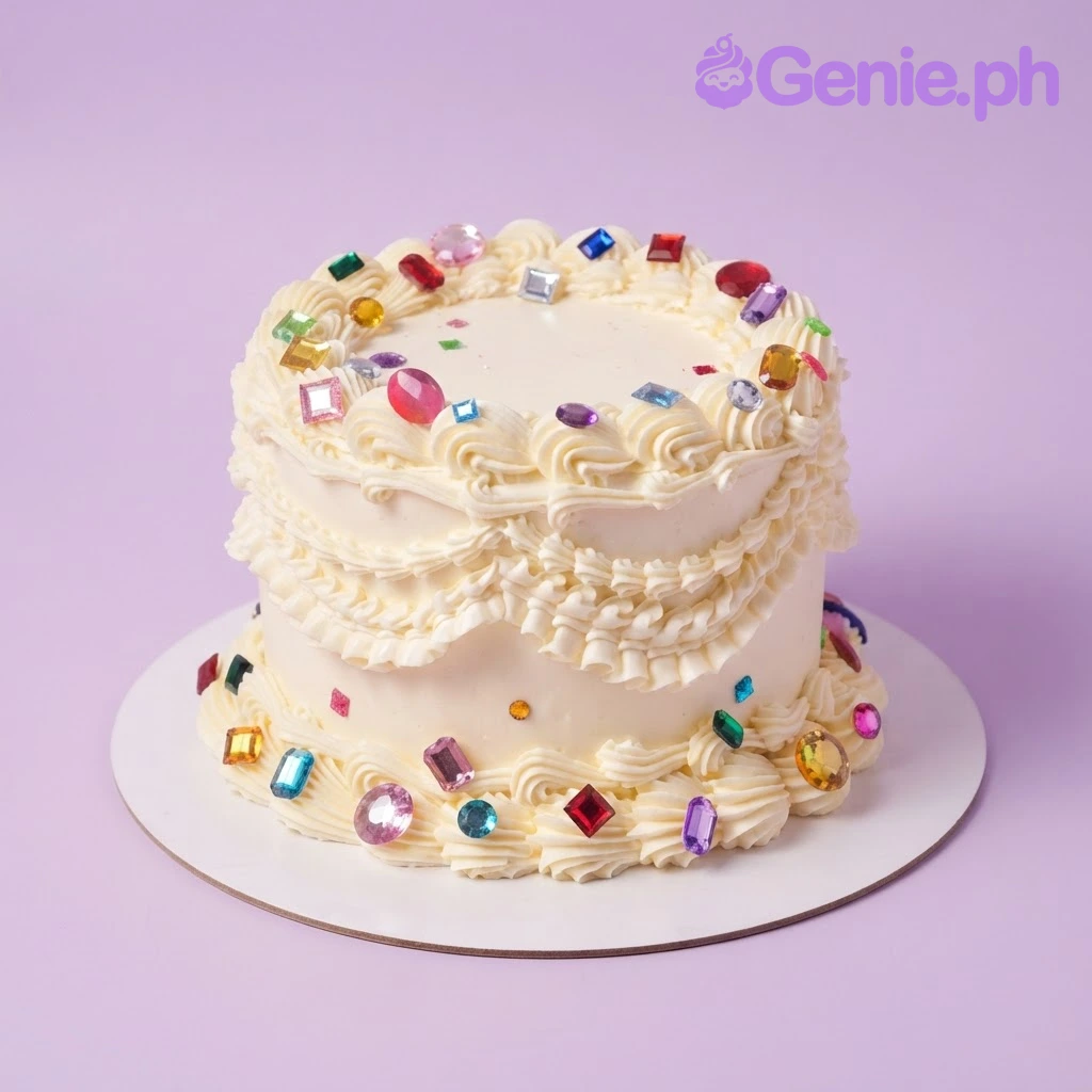 Jewel Ivory Cake Pale yellow 1-tier cake with smooth soft icing, jewel cake theme, and scattered colorful edible jewel gemstones