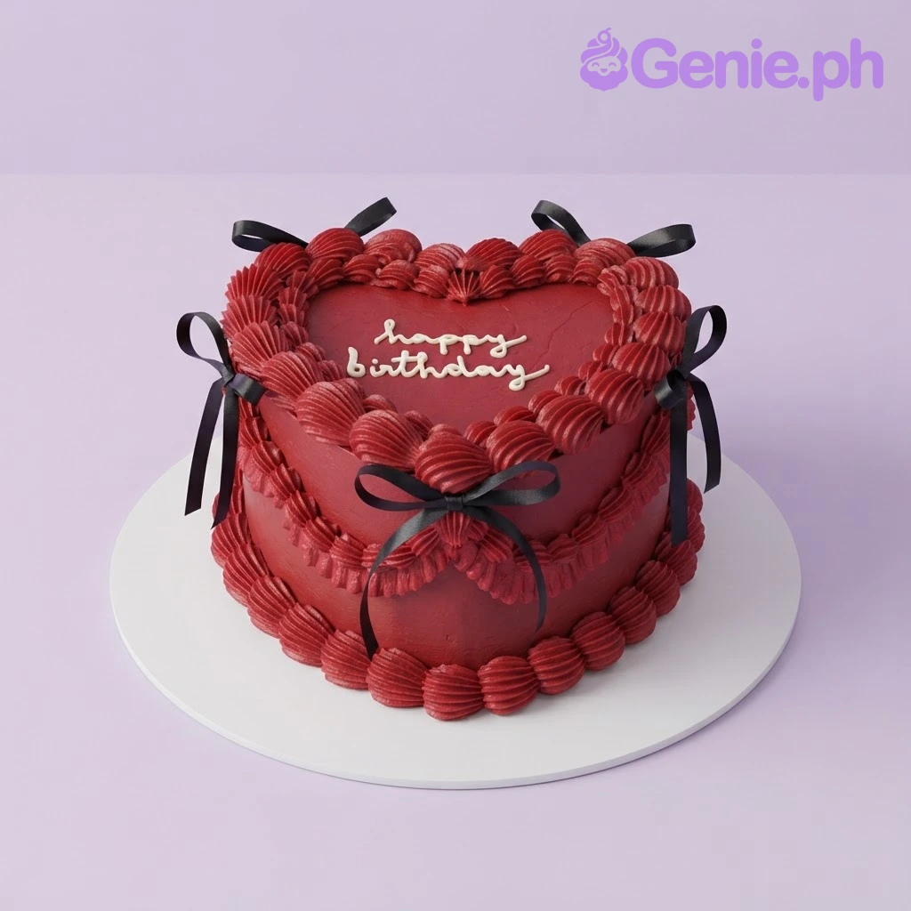 Dark Red Heart Maroon 2-Tier Birthday Cake Dark red 2-tier heart-shaped cake with soft icing, piped shell borders, white piped lettering, and black ribbon bows