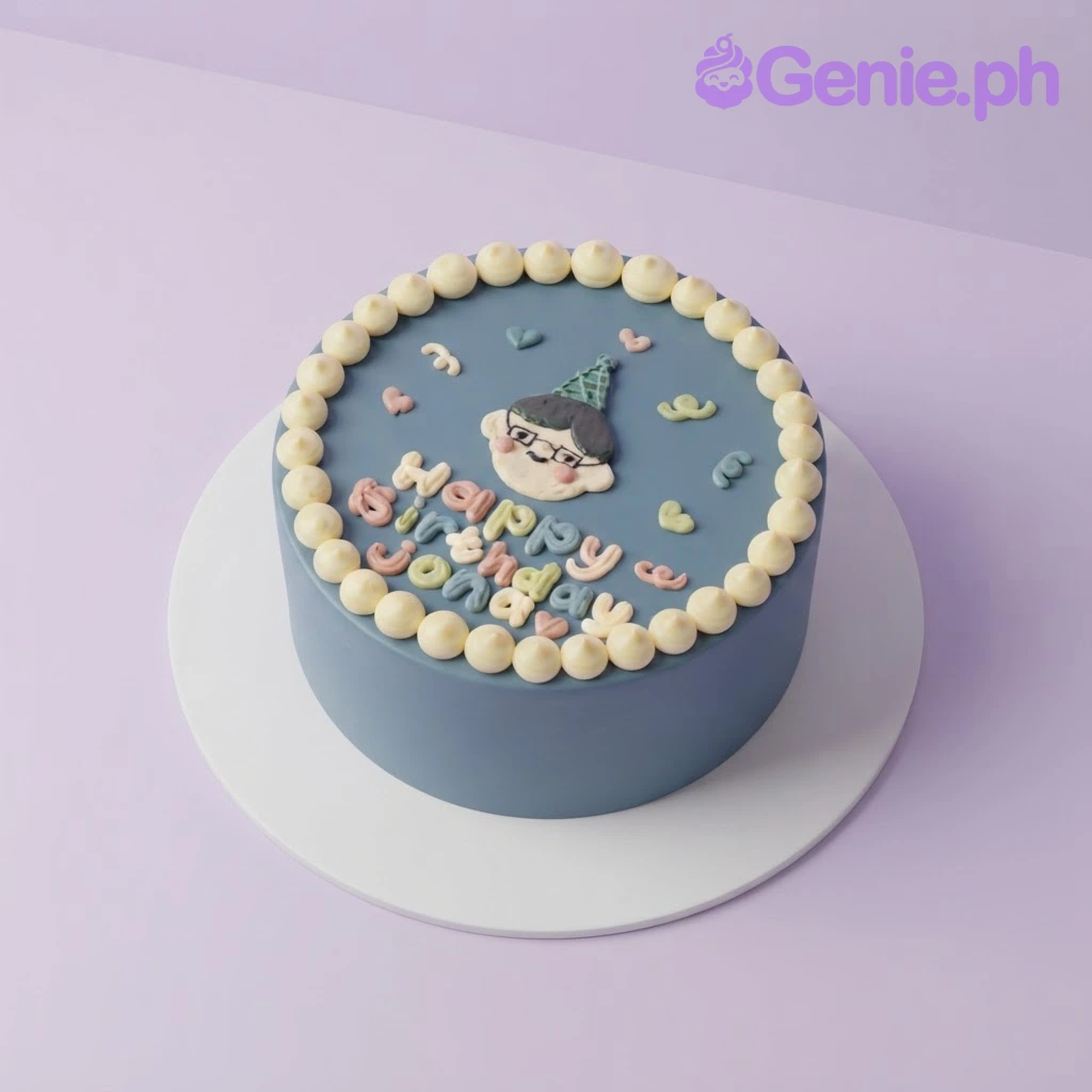 Minimalist Birthday Navy Cake Navy blue 1-tier birthday cake with soft icing, piped ivory border, fondant boy portrait, and colorful messages