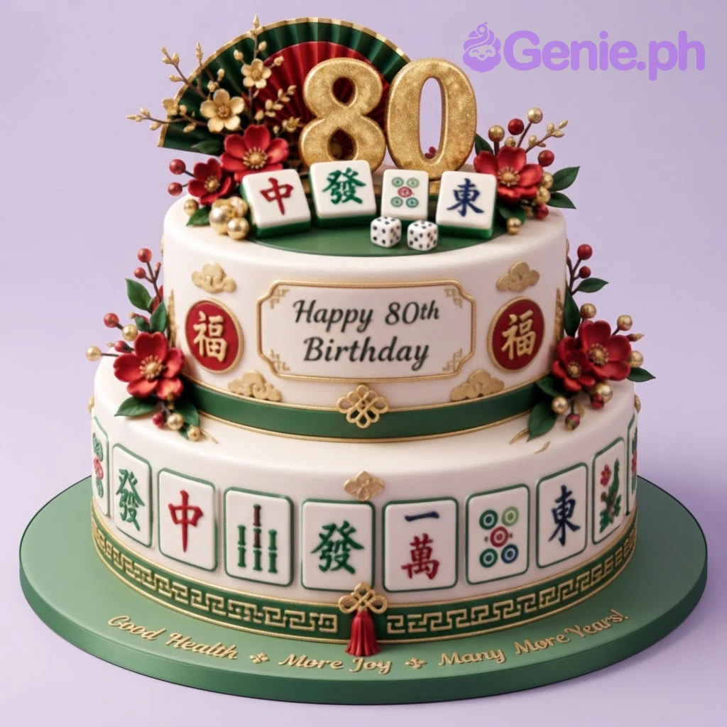 Mahjong Birthday White Floral 2-Tier Cake White 2-tier fondant birthday cake with a gold glitter number 80 topper, red peony flowers, and mahjong tile decorations