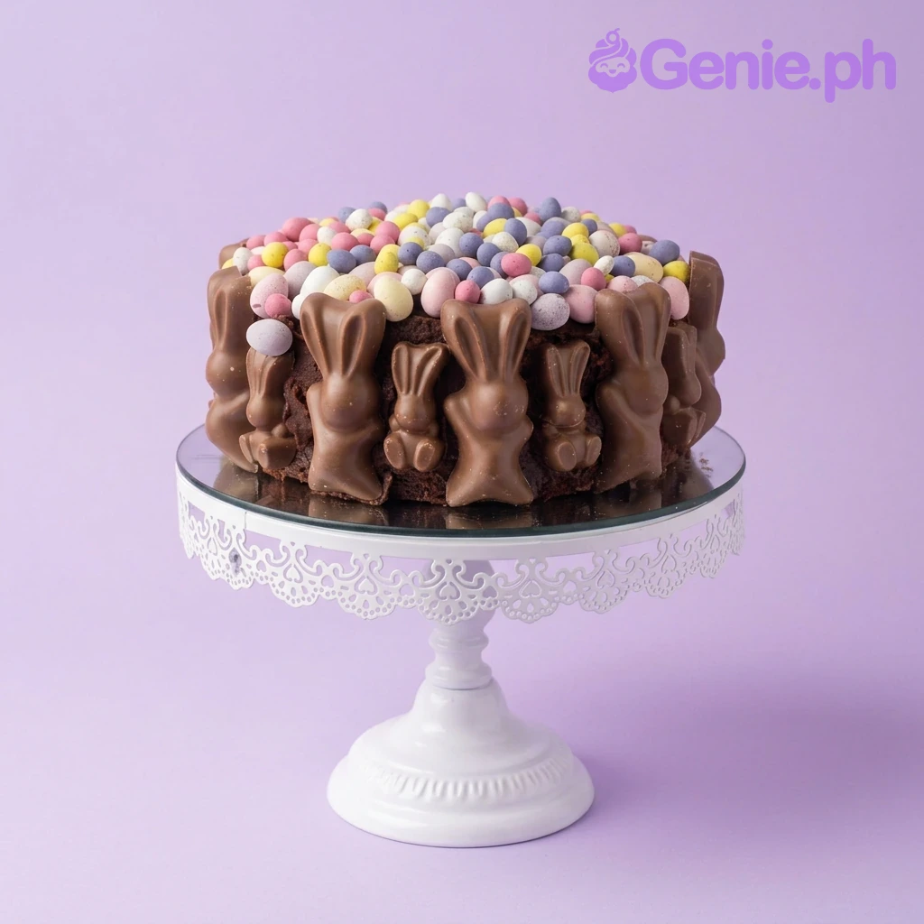 Easter Bunny Brown Cake A chocolate and pastel 1-Tier cake themed around Easter Bunny, featuring milk chocolate bunny figures and colorful pastel candy eggs.