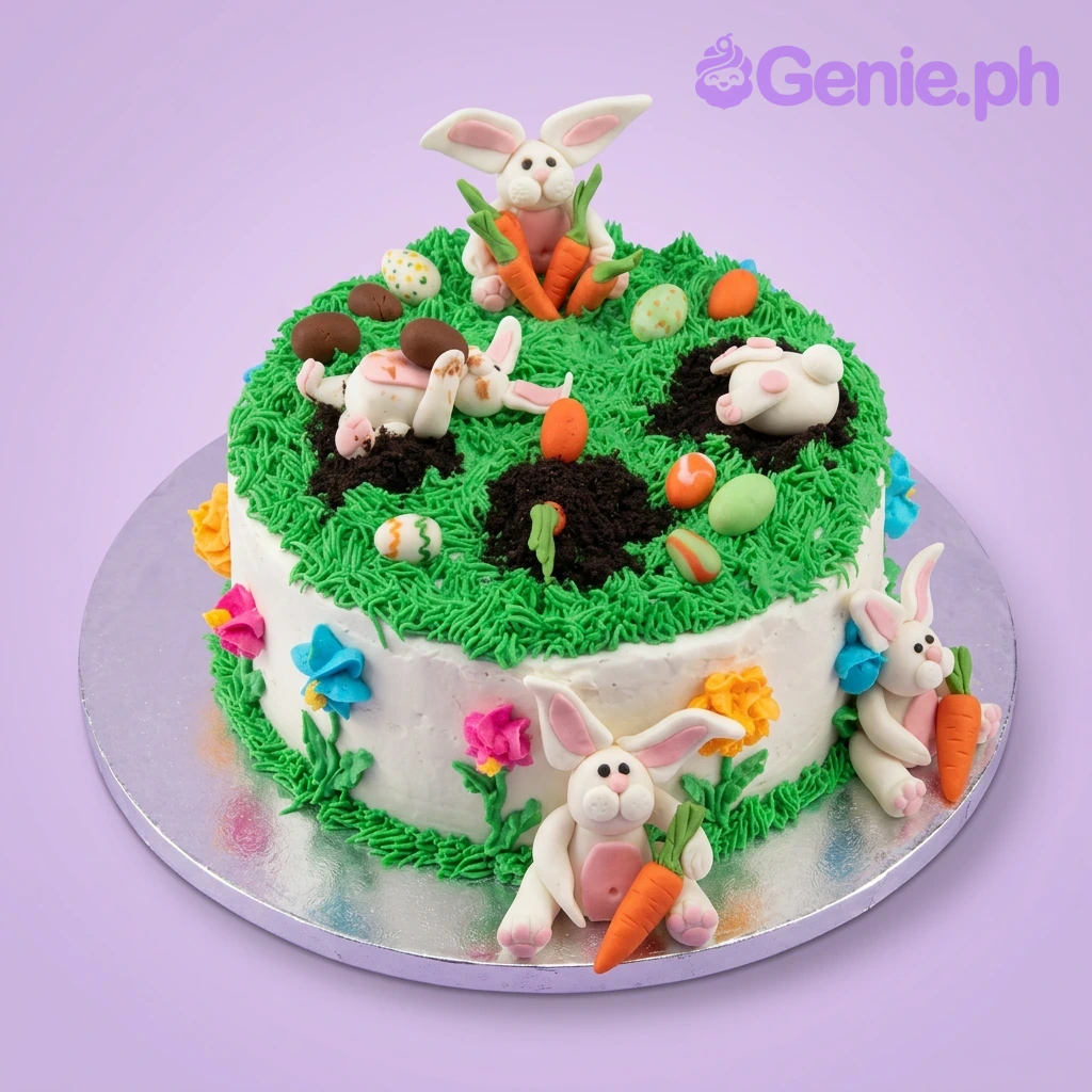 Easter Bunny Birthday Cake A white and green 1-tier cake themed around Easter Bunny, featuring fondant bunnies, carrots, and colorful eggs.