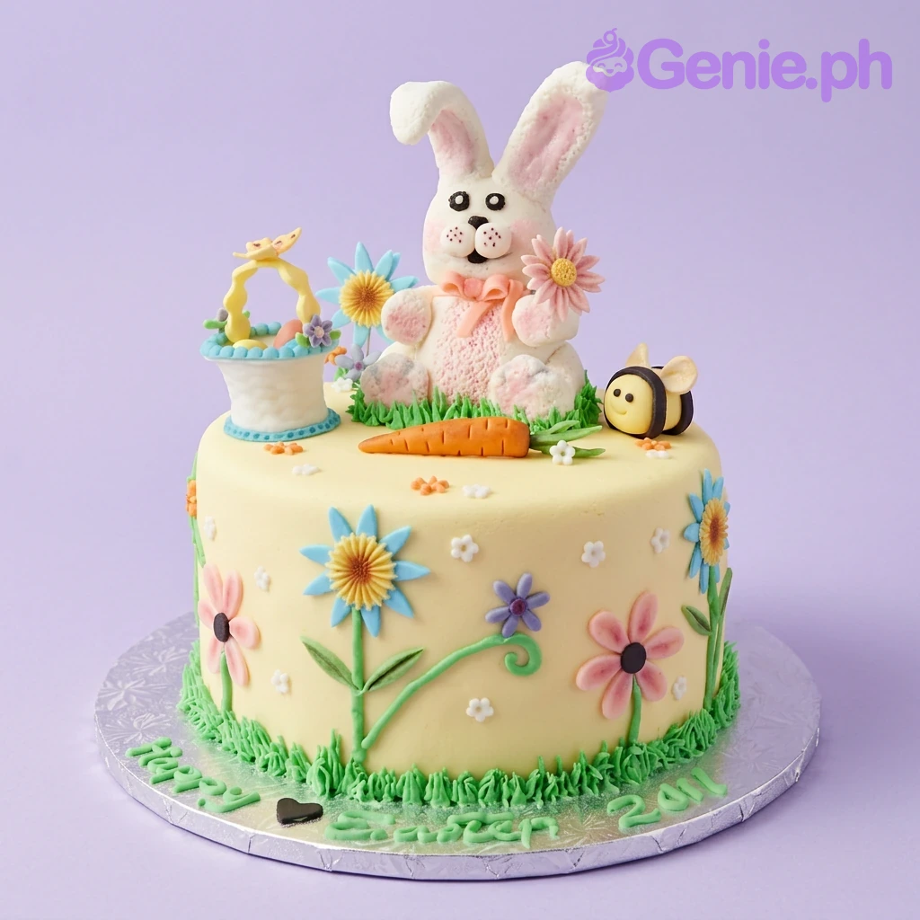 Easter Bunny Ivory Bow Cake A yellow 1 Tier Fondant Easter Bunny cake, featuring a 3D bunny, egg basket, bee, gumpaste flowers, and piped grass.