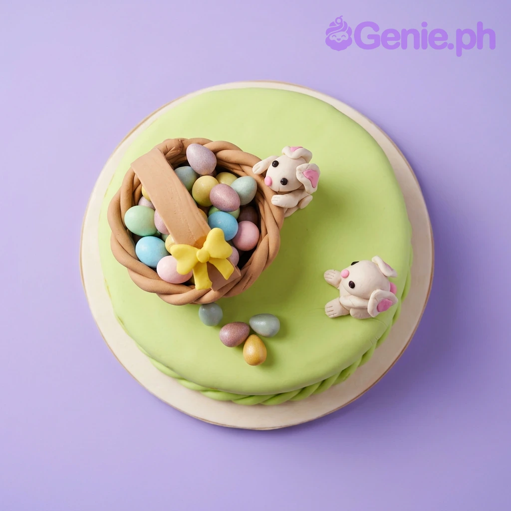 Easter Bunny Mint Bow Cake A light green 1 Tier Fondant Easter Bunny cake with a brown gumpaste basket, colorful eggs, and two white bunnies.