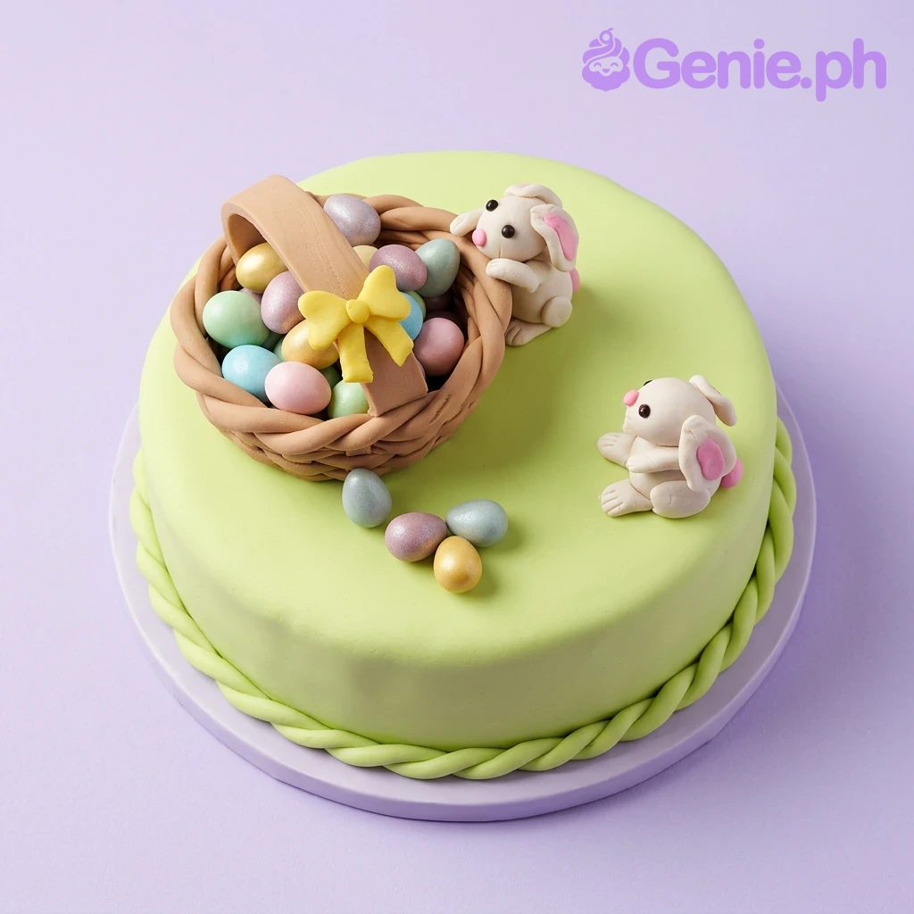 Easter Bunny Mint Bow Cake A light green 1 Tier Fondant Easter cake featuring a brown woven basket filled with pastel eggs and two white fondant bunnies.