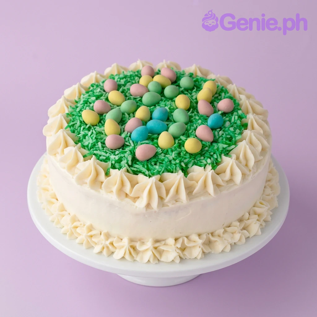 Easter Coconut White Birthday Cake A white and green 1-tier cake themed around Easter Coconut, featuring green shredded coconut grass, pastel candy eggs, and white icing rosettes.