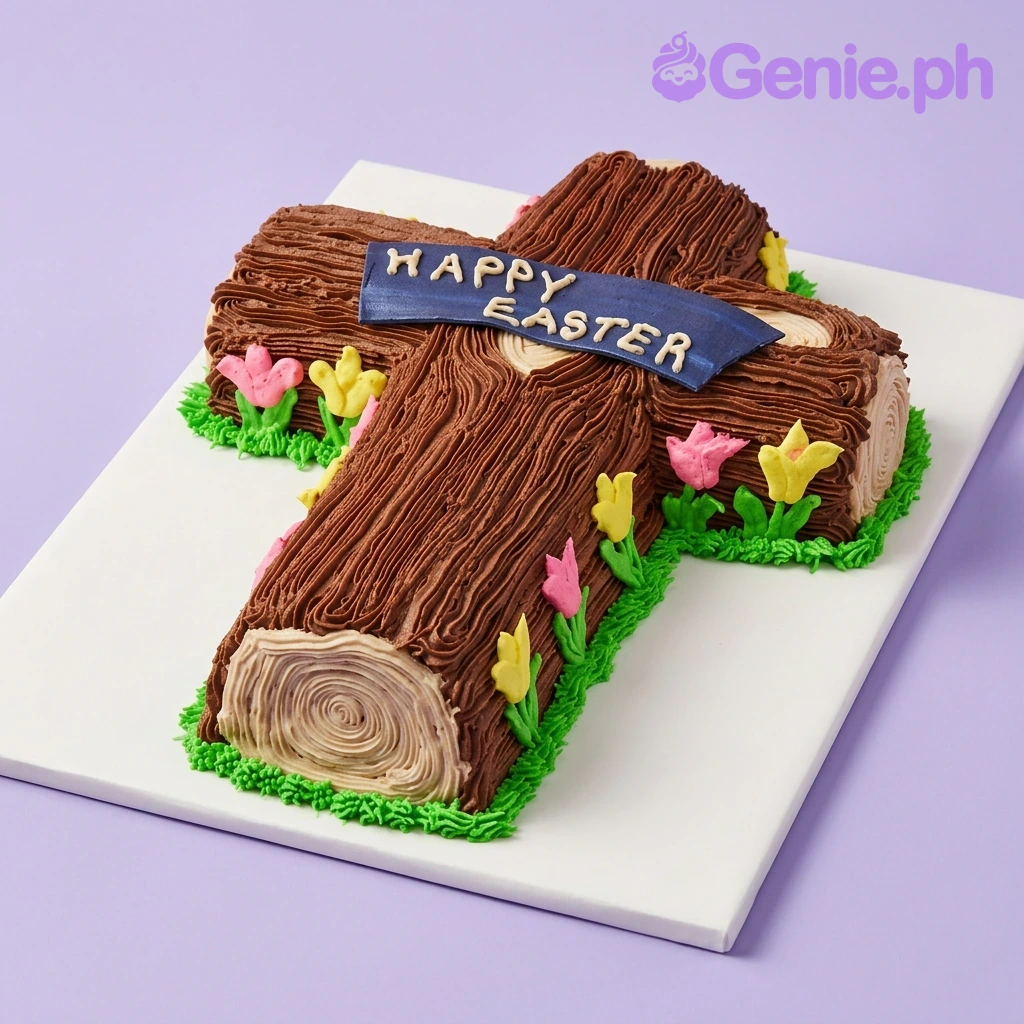 Easter Cross Floral Rectangle Cake A brown cross-shaped cake with wood-like icing texture, pink and yellow flowers, and a blue banner reading Happy Easter.