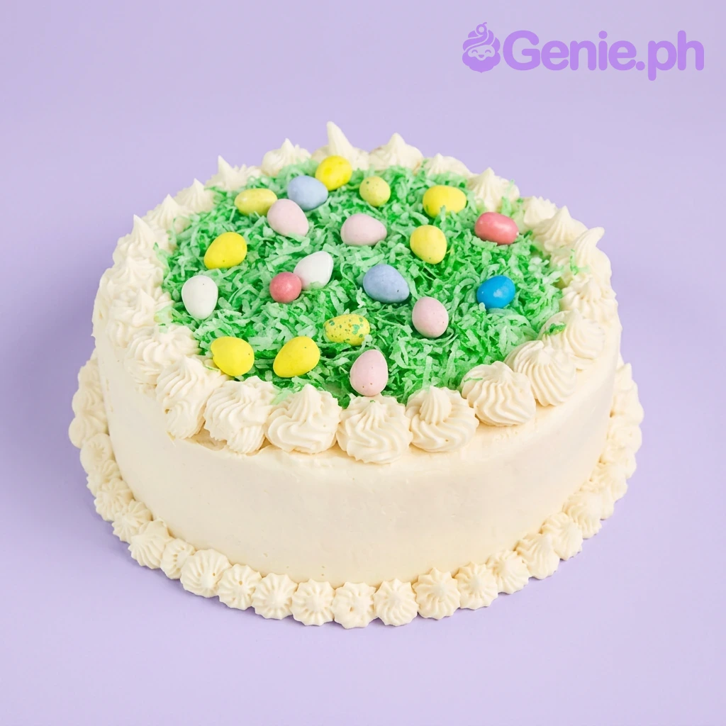 Easter Egg White Cake A white 1-tier round Easter Egg cake with green coconut grass, colorful candy eggs, and white icing rosettes.