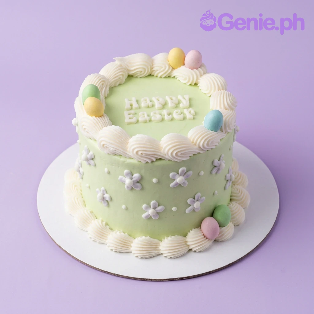 Easter Mint Floral Cake A light green and white 1-tier cake themed around Easter, featuring pastel colored eggs, white piped borders, and purple icing flowers.