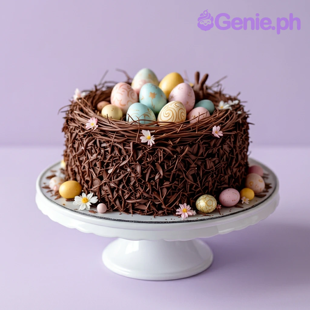Easter Nest Brown Floral Cake A brown 1 Tier cake themed around an Easter Nest, featuring colorful pastel Easter eggs and small white and pink flowers.