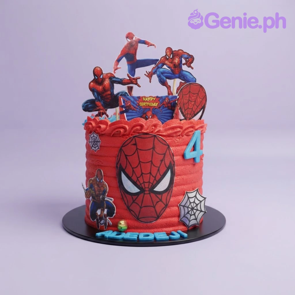 Spiderman-Inspired Birthday Cake Vibrant red 1-tier birthday cake with soft textured icing, Spiderman character printouts, and a blue age number