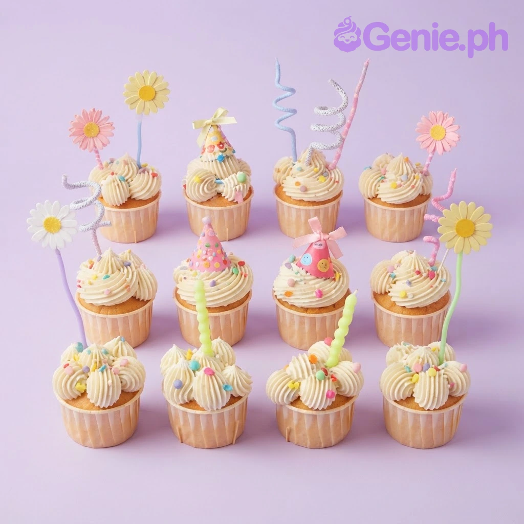 Cupcake Tower White Bow Birthday Cupcakes A cupcake tower with white icing, colorful sprinkles, daisy printout toppers, spiral candles, and a small pink satin bow