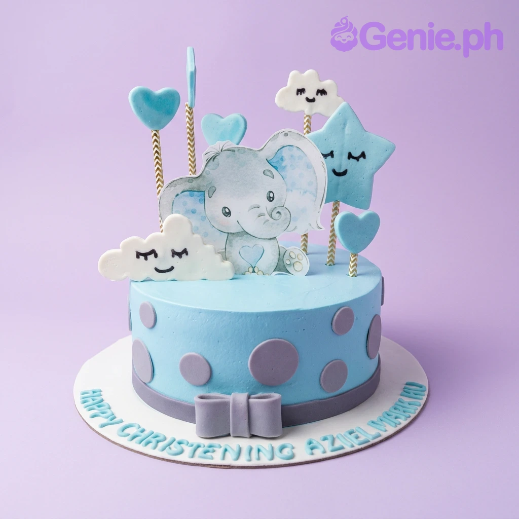 Elephant Christening Sky Blue Bow Cake Light blue christening cake with a cute elephant printout topper, fondant clouds, stars, and hearts with a purple bow at the base.