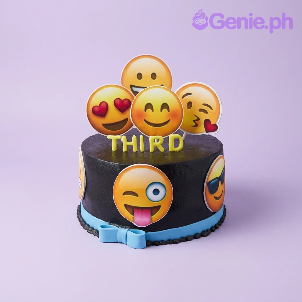 Emoji Black Birthday Cake A black 1 Tier cake themed Emoji, with yellow gumpaste letters 'THIRD', emoji printout toppers, and a blue fondant ribbon.