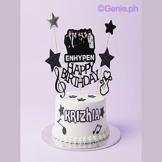 Enhypen Birthday White Heart Cake White 1-tier birthday cake with Enhypen photo topper and black glitter star accents