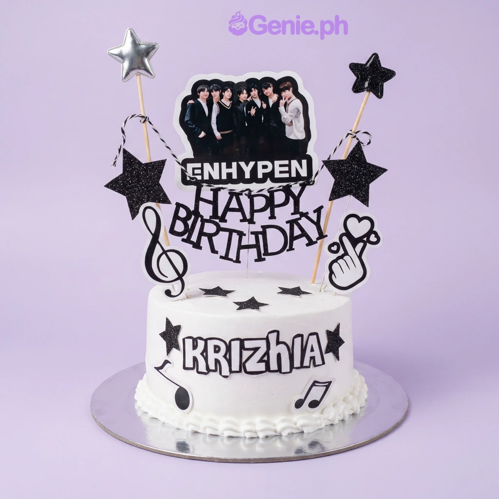 Enhypen Kpop-Inspired White Heart Cake One tier white cake with Enhypen group photo, Happy Birthday banner, music notes, finger heart, and glitter stars