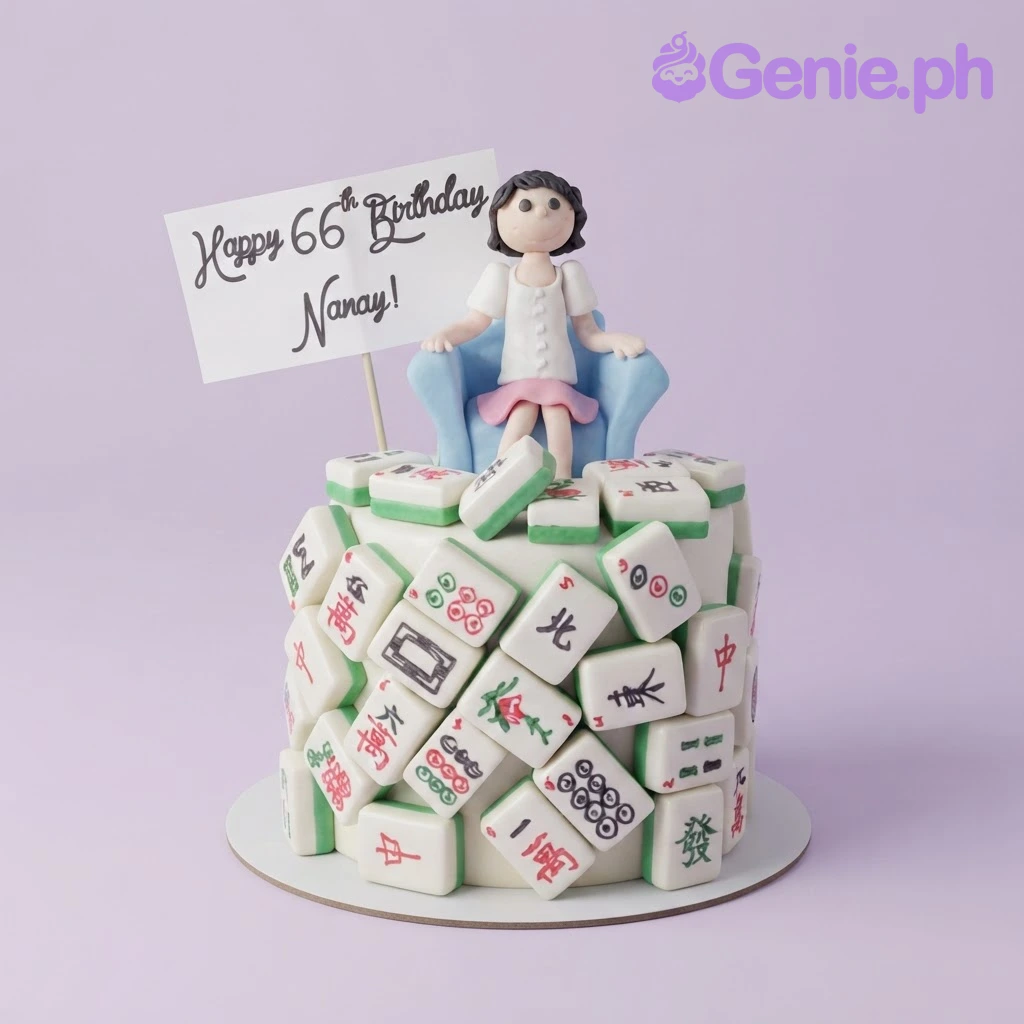 Mahjong Birthday White Cake White fondant cake decorated with edible mahjong tiles, featuring a woman figurine in a chair and a birthday sign topper