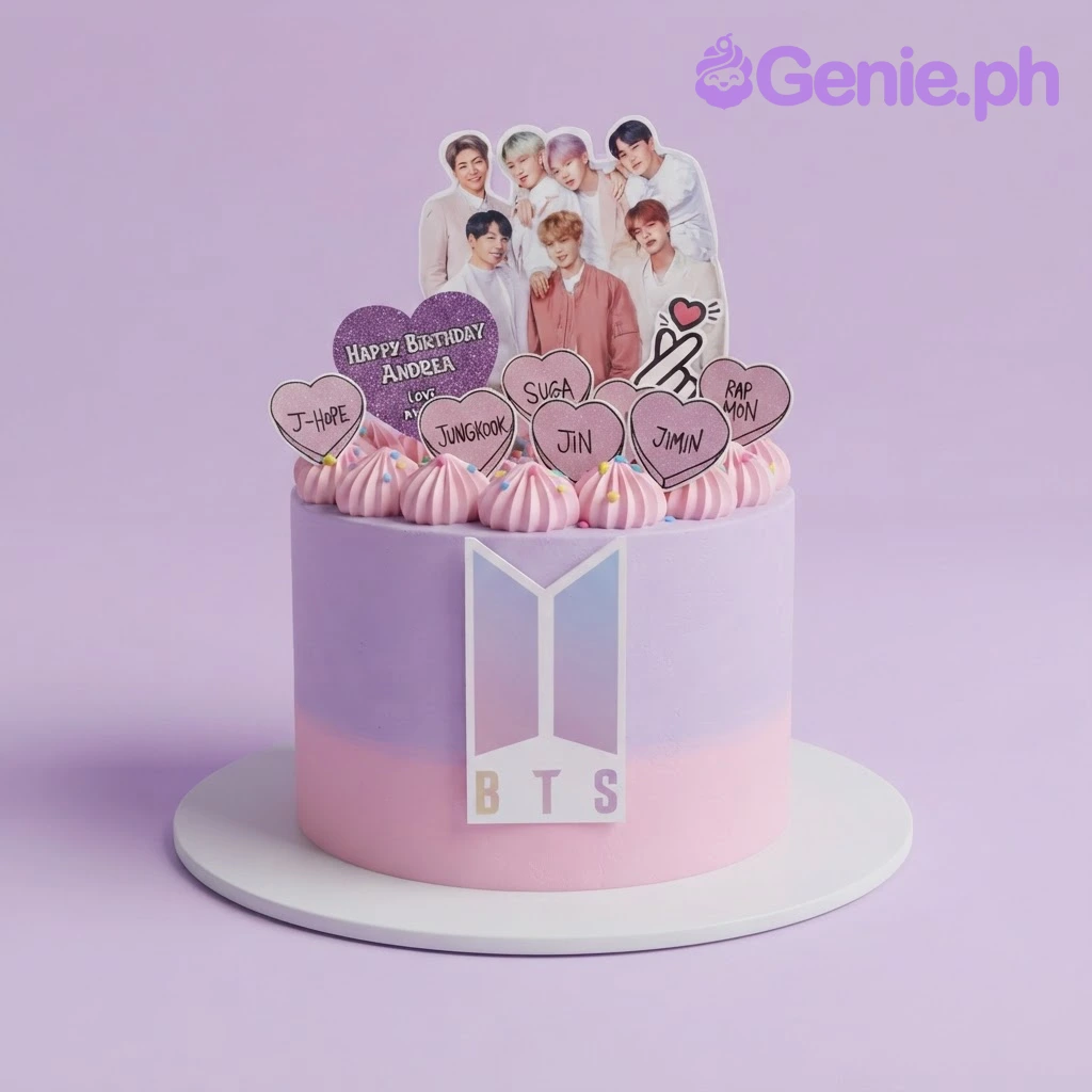 BTS Kpop-Inspired Lavender Heart Birthday Cake Lavender and pink gradient 1-tier cake with BTS group photo printout, member heart toppers, and piped rosettes