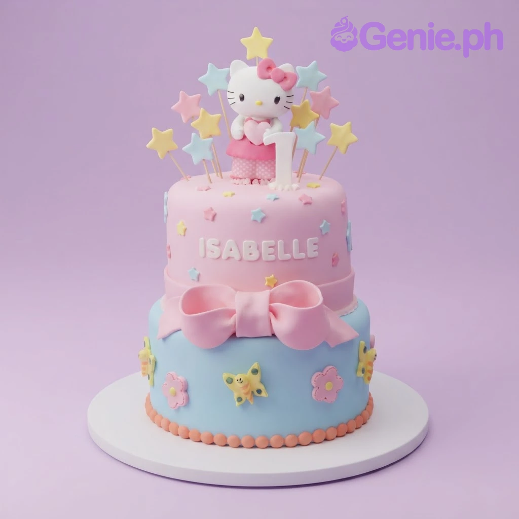 Hello Kitty-Inspired 2-Tier Birthday Cake Pink and light blue 2-tier fondant cake with a Hello Kitty figurine, a number 1 candle, and colorful star toppers.
