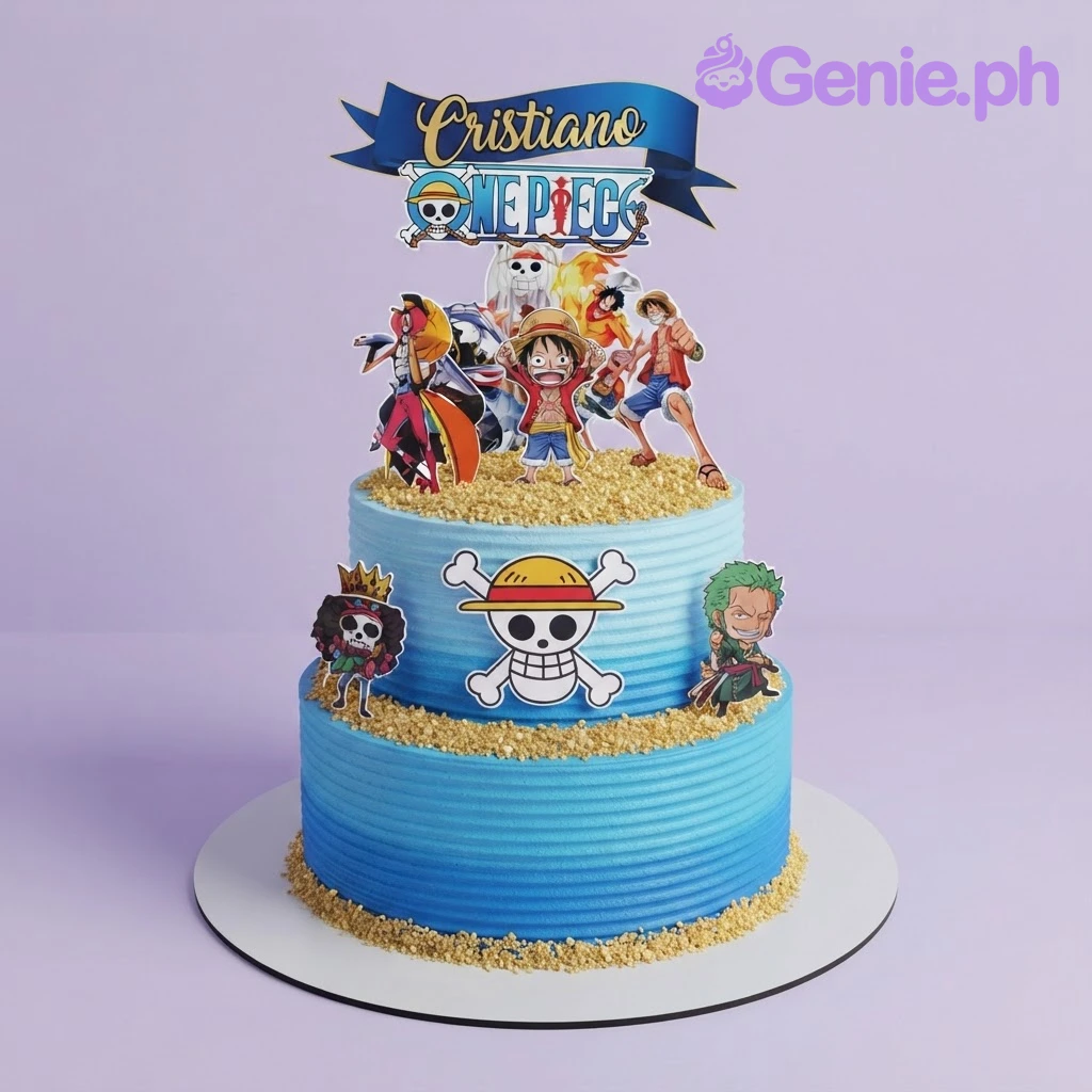 One Piece-Inspired Sky Blue 2-Tier Birthday Cake Blue gradient 2-tier birthday cake with One Piece character printouts and yellow cookie crumb accents