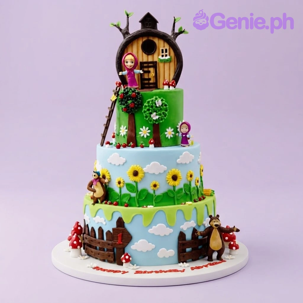 Three-tier Masha and the Bear fondant cake with blue and green icing, a tree house topper, and character figurines Three-tier Masha and the Bear fondant cake with blue and green icing, a tree house topper, and character figurines