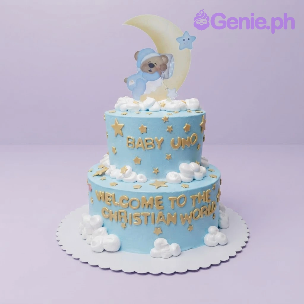 Baby Boy Christening Sky Blue 2-Tier Cake Light blue 2-tier cake with soft icing, a sleeping teddy bear printout on the moon, and gold stars