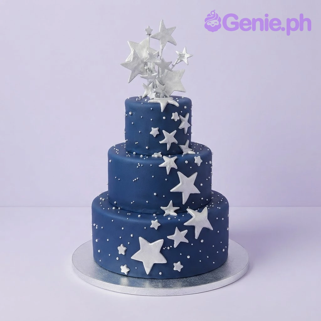 Starry Night Navy Pearl 3-Tier Cake Navy blue 3-tier fondant cake with a white star topper, scattered white fondant stars, and silver pearl accents