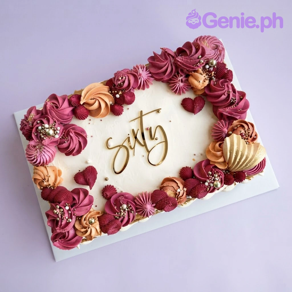 Sixty Floral White Rectangle Cake White rectangular cake with smooth soft icing, a gold script topper, and piped red and peach rosettes