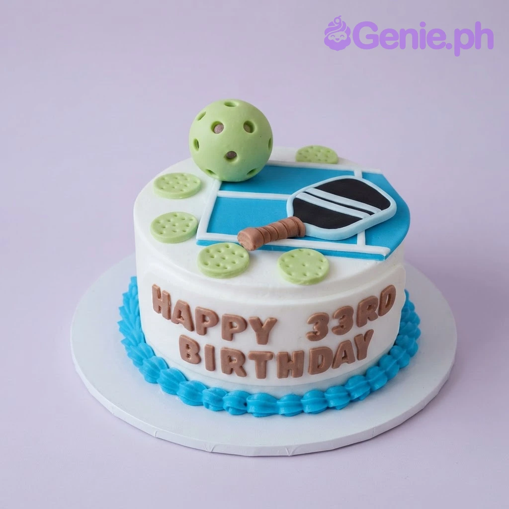 Pickleball Birthday White Cake White 1 tier round cake with soft icing, a pickleball paddle and ball topper, and brown gumpaste letters