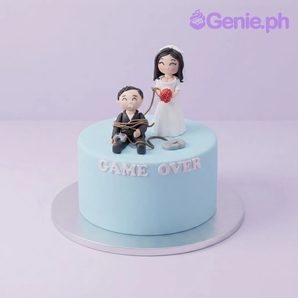 Game Over Sky Blue Wedding Cake Light blue 1-tier cake with smooth soft icing, bride and groom fondant figurines, and white letter message