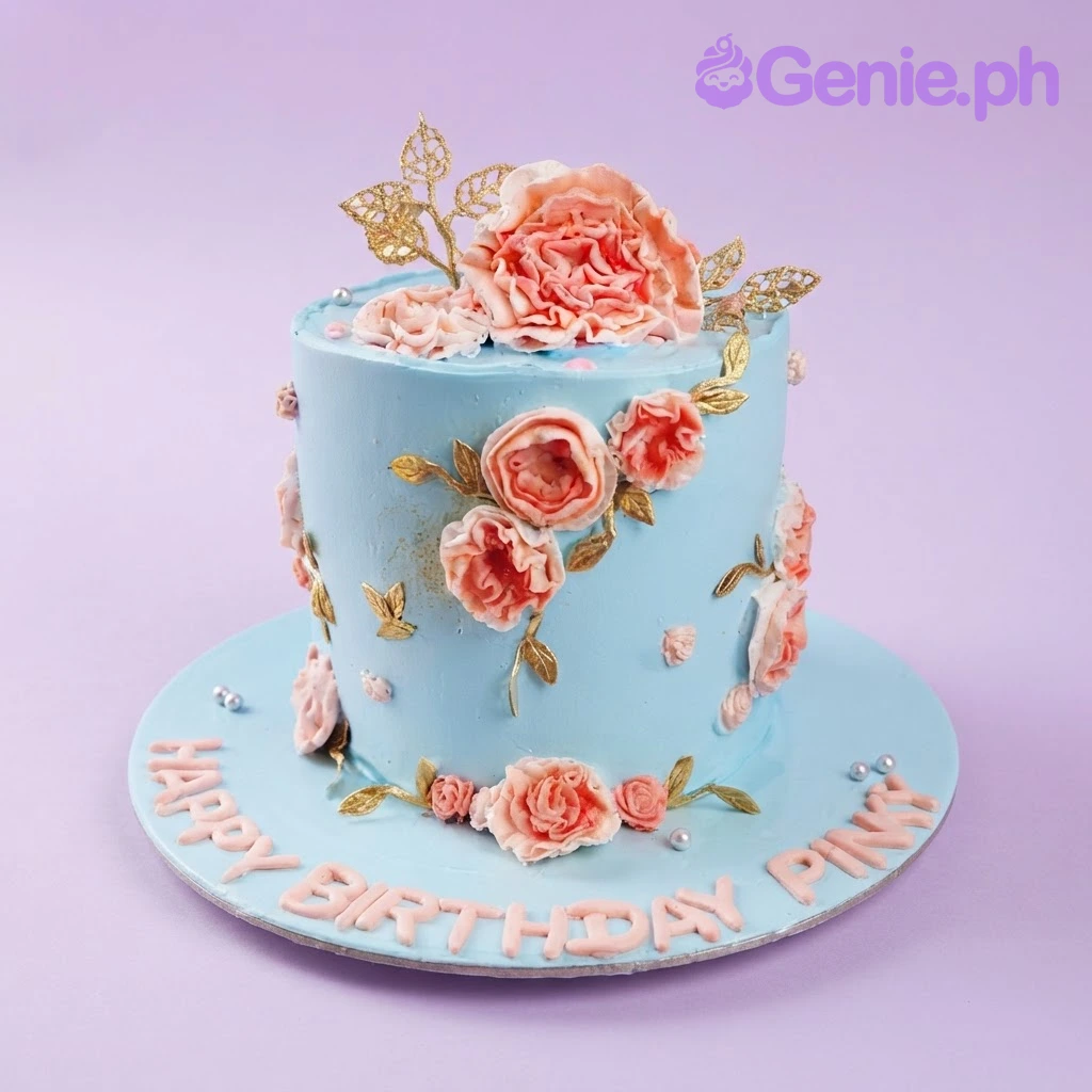 Floral Sky Blue Cake Sky blue 1 tier cake with soft icing, a large peach fondant flower, and gold leaf accents