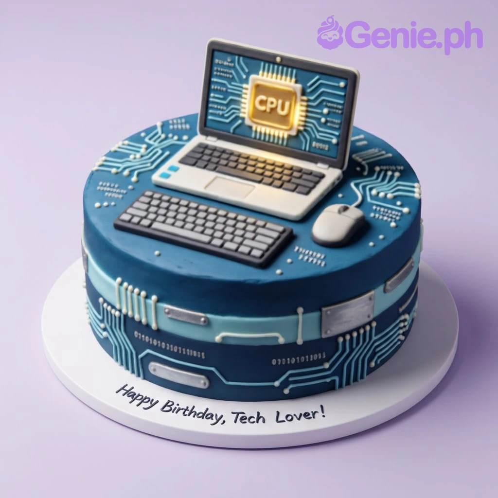 Tech Navy Birthday Cake Navy blue 1-tier tech themed cake with a laptop topper, circuit piping, and a baseboard message