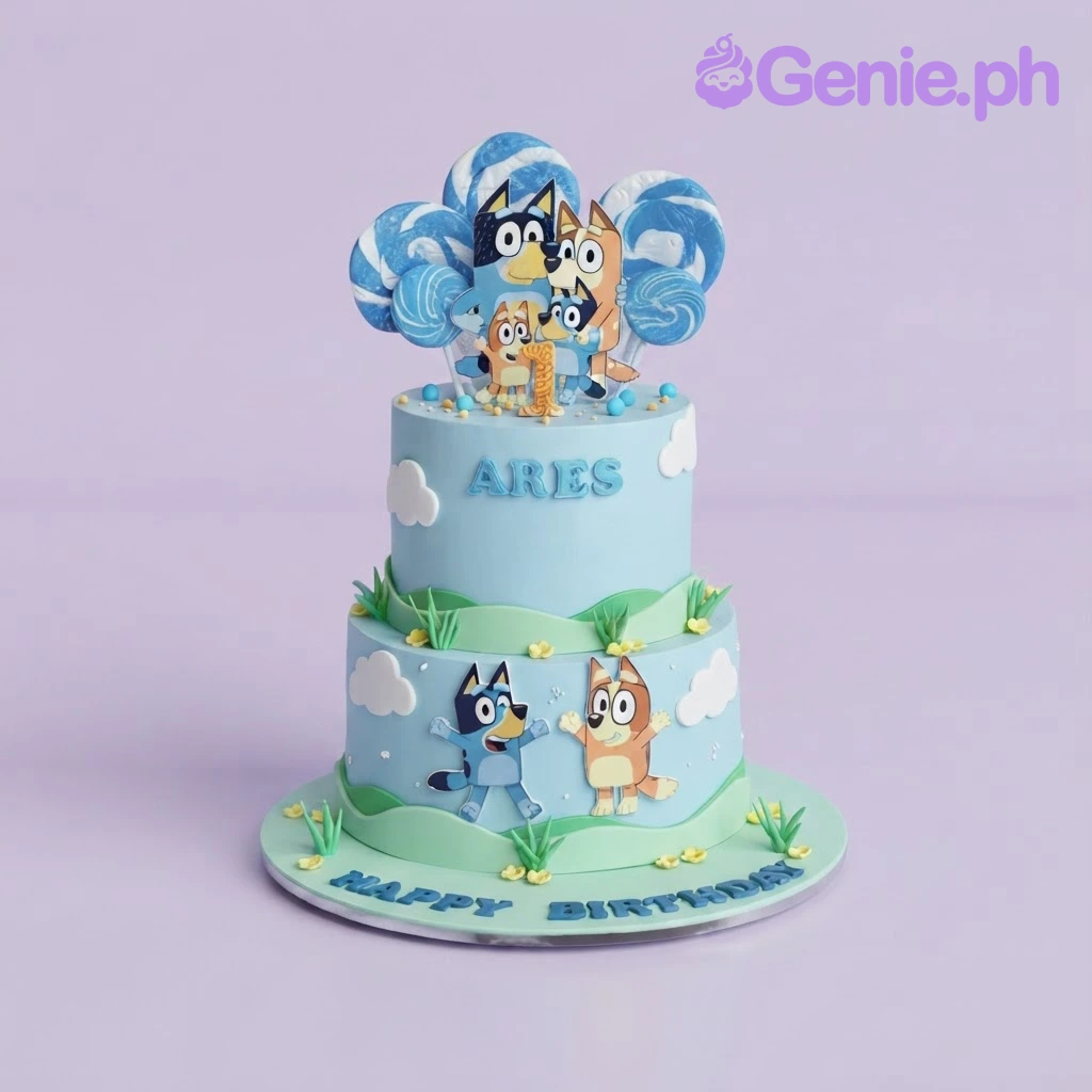 Bluey-Inspired Birthday Sky Blue 2-Tier Cake Sky blue 2-tier birthday cake with soft icing, Bluey character printouts, and blue lollipops