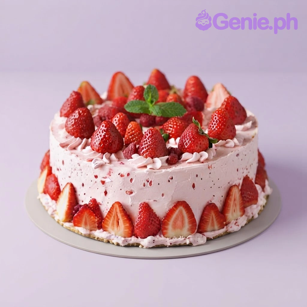 Strawberry Pink Cake Pink 1-tier cake with soft icing finish, piped top borders, and fondant molded strawberries