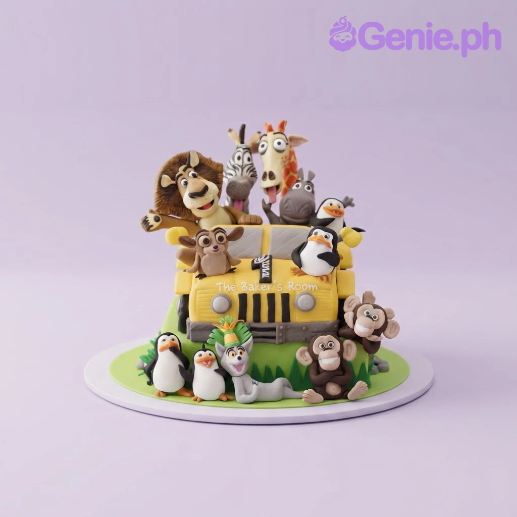 Yellow 1-tier fondant cake with a jeep topper, Madagascar animal characters, and green grass accents Yellow 1-tier fondant cake with a jeep topper, Madagascar animal characters, and green grass accents