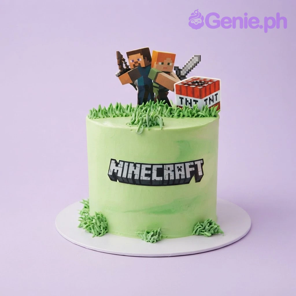 Minecraft-Inspired Mint Birthday Cake Light green single-tier cake with soft icing, Minecraft character printout topper, and piped grass accents
