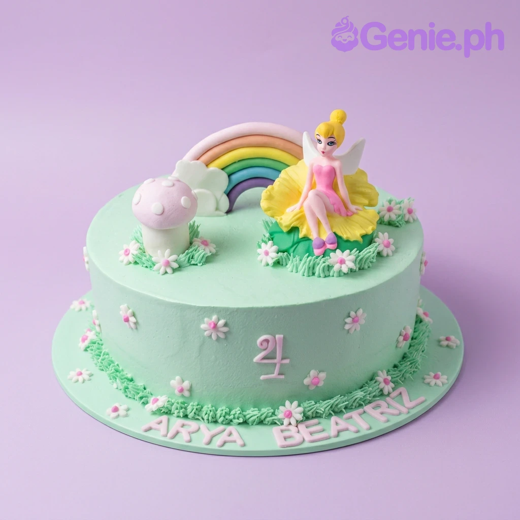 Fairy Garden Mint Floral Birthday Cake A light green 1-tier cake themed as a Fairy Garden, featuring a 3D fairy figure, rainbow, mushroom, piped grass, and floral accents.