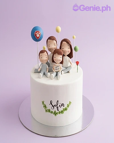 Family Figurine White Birthday Cake White 1-tier fondant cake with four handmade family figurines and a blue paw print balloon topper
