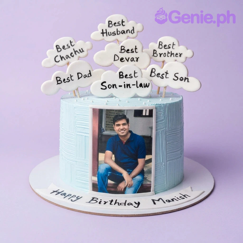 Family Tribute Sky Blue Birthday Cake Light blue textured icing cake with a photo print of a man and cloud toppers with family titles like Best Husband and Best Dad.
