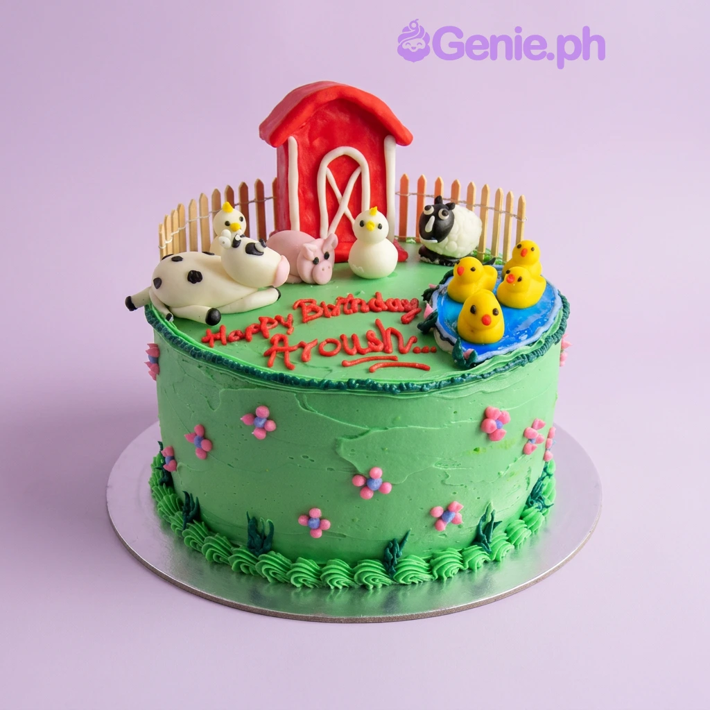 Farm Animal Mint Birthday Cake A green 1-tier Farm Animal cake with a red barn, farm animals, a blue pond, and yellow fence. Includes red text.