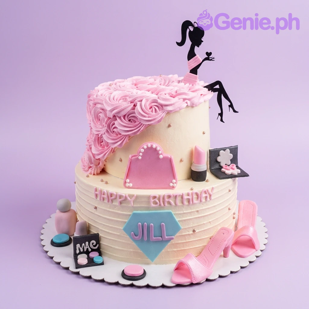 Fashion Birthday Pearl 2-Tier Cake A pink and cream two-tier cake themed around Fashion, featuring a silhouette topper, fondant makeup, and pink icing rosettes.