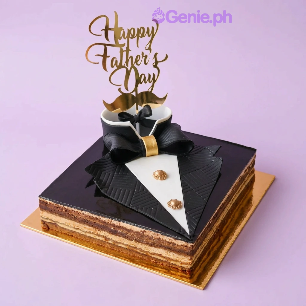 Father's Day Bow Cake Square tuxedo cake with a black fondant lapel, gold buttons, a black bow, and a gold Happy Father's Day cardstock topper